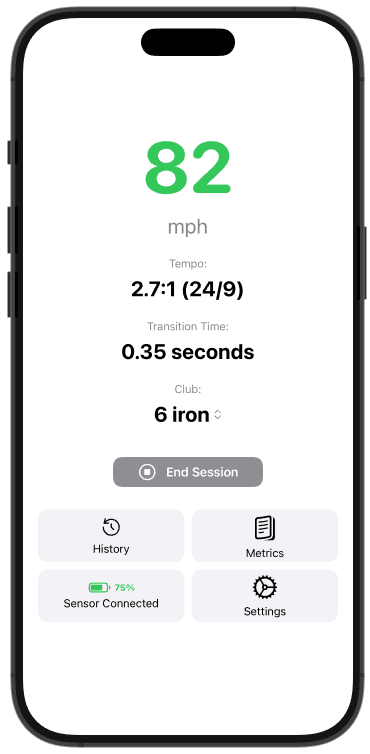 Dryve Golf app showing swing speed, tempo and other metrics